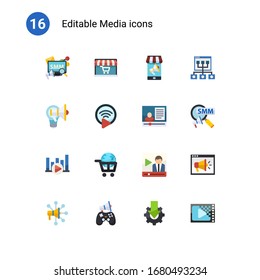 16 iconos planos de medios establecidos aislados en . Iconos con marketing de medios sociales, conferencia de audio, marketing móvil, campaña creativa, transmisión en vivo, marketing de comercio electrónico, iconos de Bitrato.