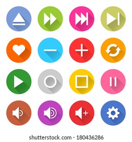 16 media icon set 06 (white sign on color). Circle web button on white background. Simple minimalistic mono flat long shadow style. Vector illustration internet design graphic element 10 eps
