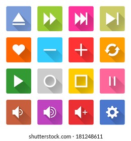 16 media icon set 06 (white sign on color). Square web button on white background. Simple minimalistic mono flat long shadow style. Vector illustration internet design graphic element 10 eps
