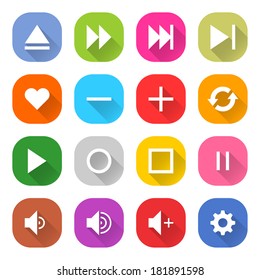 16 media icon set 06 (white sign on color). Strong rounding corners square web button on white background. Simple flat long shadow style. Vector illustration internet design graphic element 10 eps
