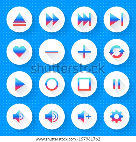 16 media icon set 06 (gradient sign on white). Circle web internet button on blue background with blueprint paper texture imitation. Simple flat long shadow style. Vector illustration design 10 eps