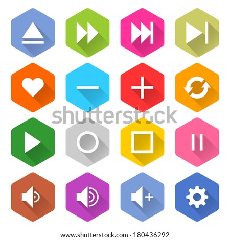 16 media icon set 06 (white sign on color). Rounded hexagon web button on white background. Simple minimalistic mono flat long shadow style. Vector illustration internet design graphic element 10 eps