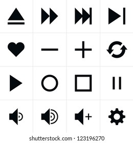 16 media player black pictogram control button sign set. Modern contemporary solid plain flat minimal style. Simple icon on white background. Vector illustration web design elements saved in 8 eps