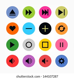 16 media player control button ui icon set. Black on color. Set 06. Simple circle sticker internet sign. Solid plain color flat tile. Newest metro style. Vector illustration web design elements 8 eps
