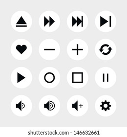 16 media player control button ui icon set 06. Black pictogram on white circle button. Solid plain monochrome flat tile. Simple contemporary modern style. Web design element vector illustration 8 eps