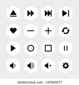 16 media player control button ui icon set 06. Black pictogram on white hexagon button. Solid plain monochrome flat tile. Simple contemporary modern style. Web design element vector illustration 8 eps