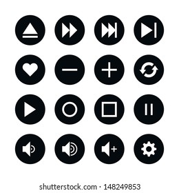 16 media player control button ui icon set 06. White pictogram on black circle button. Solid plain monochrome flat tile. Simple contemporary modern style. Web design element vector illustration 8 eps