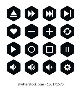 16 media player control button ui icon set 06. White pictogram on black hexagon button. Solid plain monochrome flat tile. Simple contemporary modern style. Web design element vector illustration 8 eps