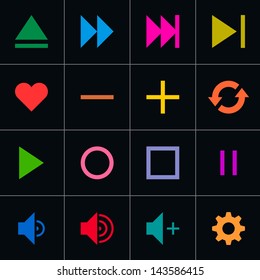 16 media player pictogram control button sign set. Volume 06. Simple web icon on black background. Modern contemporary solid plain flat minimal style. Vector illustration design elements 8 eps