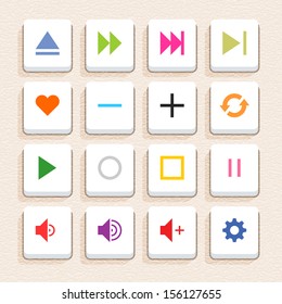 16 media sign icon set 06 (color on white). Square web internet button with long shadow on beige paper background with plastic texture. Simple flat style. Vector illustration design element 10 eps