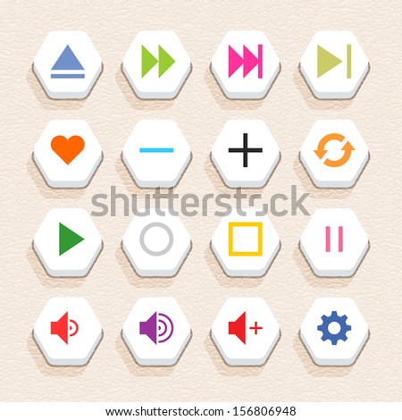 16 media sign icon set 06 (color on white). Hexagon web internet button with shadow on beige paper background with plastic texture. Simple flat style. Vector illustration design element 10 eps
