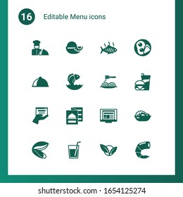 16 menu filled icons set isolated on . Icons set with chefs dish, seafood soup, grilled fish, main dish, Seafood, Pasta, web services, restaurant menu, layout, mussel, drinks icons.