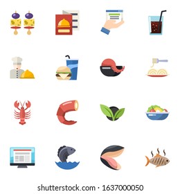 16 menu flat icons set isolated on white background. Icons set with starters, restaurant menu, web services, chefs dish, Beverage, seafood soup, lobster, shrimp, drinks icons.