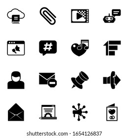 16 iconos rellenos de mensajes establecidos aislados en fondo blanco. Conjuntos de iconos con Email Marketing, Paperclip, Codificación, sitio web Promo, Hashtag, música, Usuario, Spam, Chat Bot, Iconos Prioritarios.