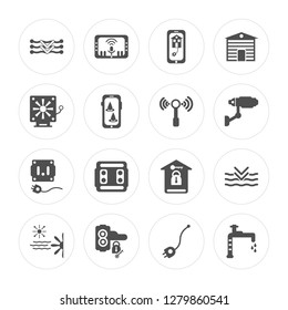 16 Meter, Voice control, Handle, Air conditioner, Deep, Leak, Fire alarm, Plug, Wireless modern icons on round shapes, vector illustration, eps10, trendy icon set.