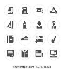 16 Microscope, Backpack, Uniform, Diploma, Bell, Computer, Rulers, Notebook, Teacher modern icons on round shapes, vector illustration, eps10, trendy icon set.