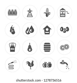 16 Milk, Windmill, Rooster, Hose, Orange, Faucet, Pear, Bird house modern icons on round shapes, vector illustration, eps10, trendy icon set.