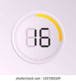 The 16 minutes, stopwatch vector icon, digital timer. Vector digital count down circle board with circle time pie diagram. Watch outline style design, designed for web and app.