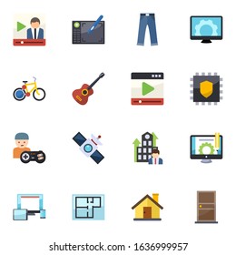 16 modern flat icons set isolated on white background. Icons set with Video streaming, Graphic tablet, jeans, bike sharing, Guitar playing, media player, gamer, satellite icons.