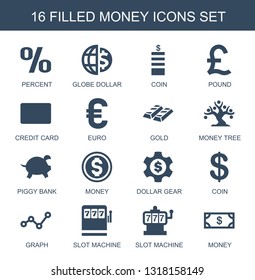 16 money icons. Trendy money icons white background. Included filled icons such as percent, globe dollar, Coin, pound, credit card, euro, gold. money icon for web and mobile.