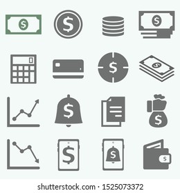 16 Money set icon, dollar, coin, credit card, graph, and smartphone. Vector illustration investment and financial symbol.