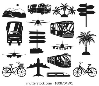 16 monochrome black and white vacation icons. Travel themed vector illustration for label, certificate, coupon or sale banner background decoration