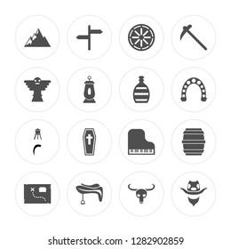 16 Mountain, Directional, Saddle, Treasure map, Barrel, Bandit, Totem, Watertower, Canteen modern icons on round shapes, vector illustration, eps10, trendy icon set.