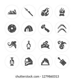 16 Mountain, Spear, Stone, Troglodyte, Dinosaur, Brush, Wheel, Mammoth, Axe modern icons on round shapes, vector illustration, eps10, trendy icon set.