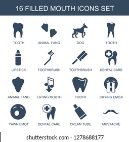 16 mouth icons. Trendy mouth icons white background. Included filled icons such as tooth, animal fang, dog, lipstick, toothbrush, dental care, eating mouth. mouth icon for web and mobile.