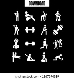 16 muscles vector icon set with dumbbell, fitness, exercise and stretching icons for mobile and web