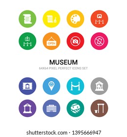 16 museum vector icons set included metal detector, mummy, museum, museum building, canvas, fencing, map, ticket, no phone, no photo, open icons