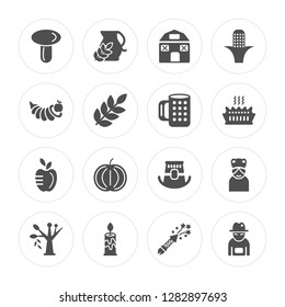 16 Mushroom, Juice, Candle, Fall, Pilgrim, Farmer, Cornucopia, Apple, Beer Modern Icons On Round Shapes, Vector Illustration, Eps10, Trendy Icon Set.