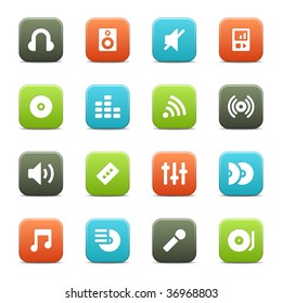 16 music icons for your website or software. The vector file includes four color versions of each icon.