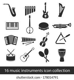 16 music instruments icon collection