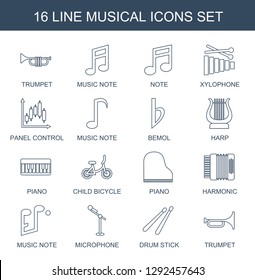 16 musical icons. Trendy musical icons white background. Included line icons such as trumpet, music note, note, xylophone, panel control, bemol. musical icon for web and mobile.