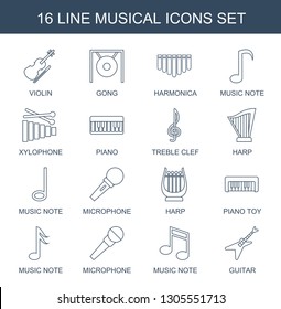 16 musical icons. Trendy musical icons white background. Included line icons such as violin, gong, harmonica, music note, xylophone, piano, treble clef. musical icon for web and mobile.