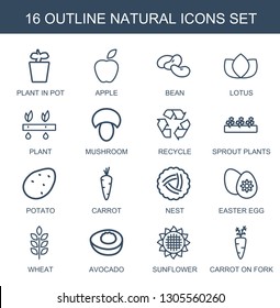 16 natural icons. Trendy natural icons white background. Included outline icons such as plant in pot, apple, bean, lotus, plant, mushroom, recycle. natural icon for web and mobile.