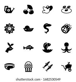 16 nature filled icons set isolated on white background. Icons set with Watering can, cherry, dove, Floral design, seafood, eel, Gardening, perch, seeds, comet, oyster icons.