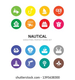 16 nautical vector icons set included boat screw, boat steering wheel, boat telescope, buoy, buoys, capsizing, captain hat, caravel, cargo ship front view, cruise ship, diver icons