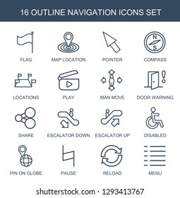 16 navigation icons. Trendy navigation icons white background. Included outline icons such as flag, map location, pointer, compass, locations. navigation icon for web and mobile.