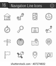 16 Symbole der Navigations- und Standortlinien, Symbole der Website, Vektorgrafik eps10