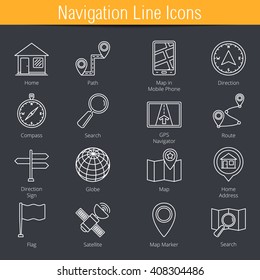 16 Navigation and location line icons, website line icons, vector eps10 illustration