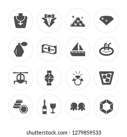 16 Necklace, Suit, Wine, Coin, Cocktail, Diamond, Fragance, Helicopter, Yatch modern icons on round shapes, vector illustration, eps10, trendy icon set.