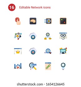 16 iconos planos de red establecidos aislados en . Iconos con Clic Through Rate, Inteligencia Artificial, Aprendizaje automático, Red neural, cloud computing, Algoritmo, iconos de soluciones de comercio electrónico.