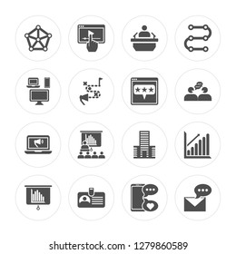 16 Network, Video player, Id card, Presentation, Success, Message, Mass media, Advertising, Feedback modern icons on round shapes, vector illustration, eps10, trendy icon set.
