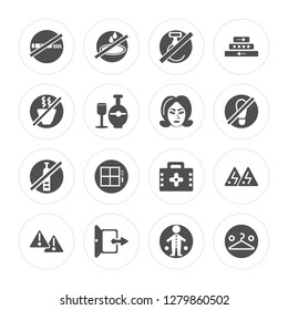 16 No smoking, water, Exit, Warning, High voltage, Hanger, food, drinks, Woman modern icons on round shapes, vector illustration, eps10, trendy icon set.