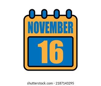 16 November calendar. November calendar icon in blue and orange. Vector Calendar Page Isolated on White Background.