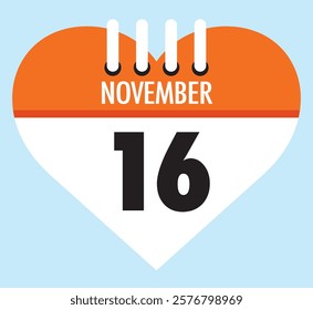 16 November calendar icon orange heart shape on light sky blue color background, calendar vector symbol for the month of November.