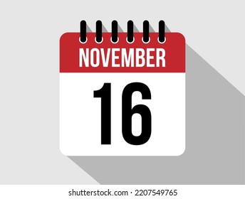 16 November calendar vector icon. Red november date for the days of the month