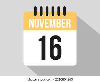 icono vectorial del calendario 16 de noviembre. Fecha de noviembre amarillo para los días del mes y la semana